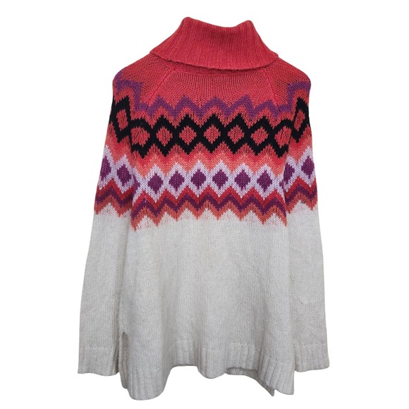 Aerie Fair Isle Turtleneck Sweater Red Cream Pink Soft‎ Oversized Slouchy Medium - Picture 2 of 12